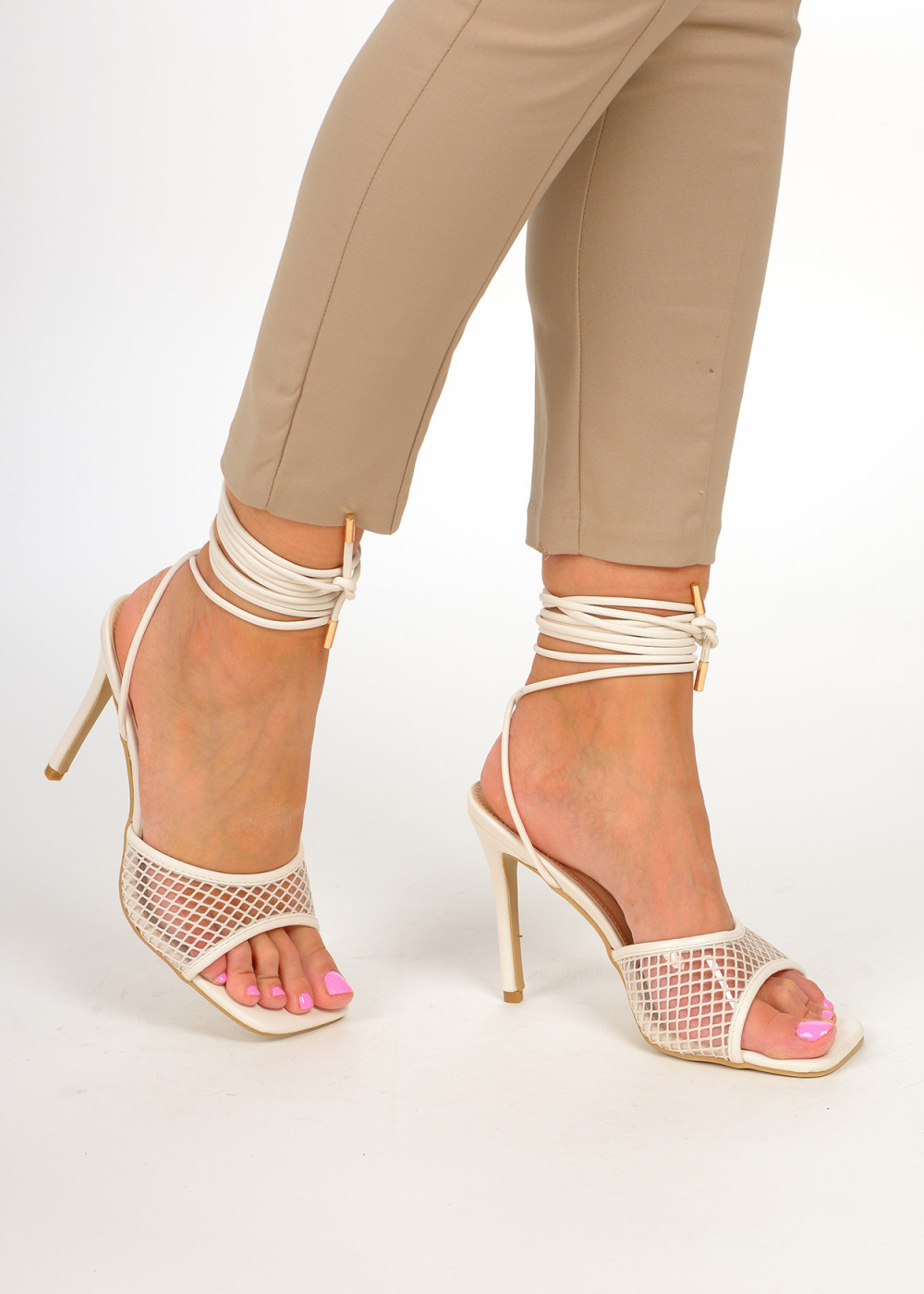 Beige mesh heeled sandals 1