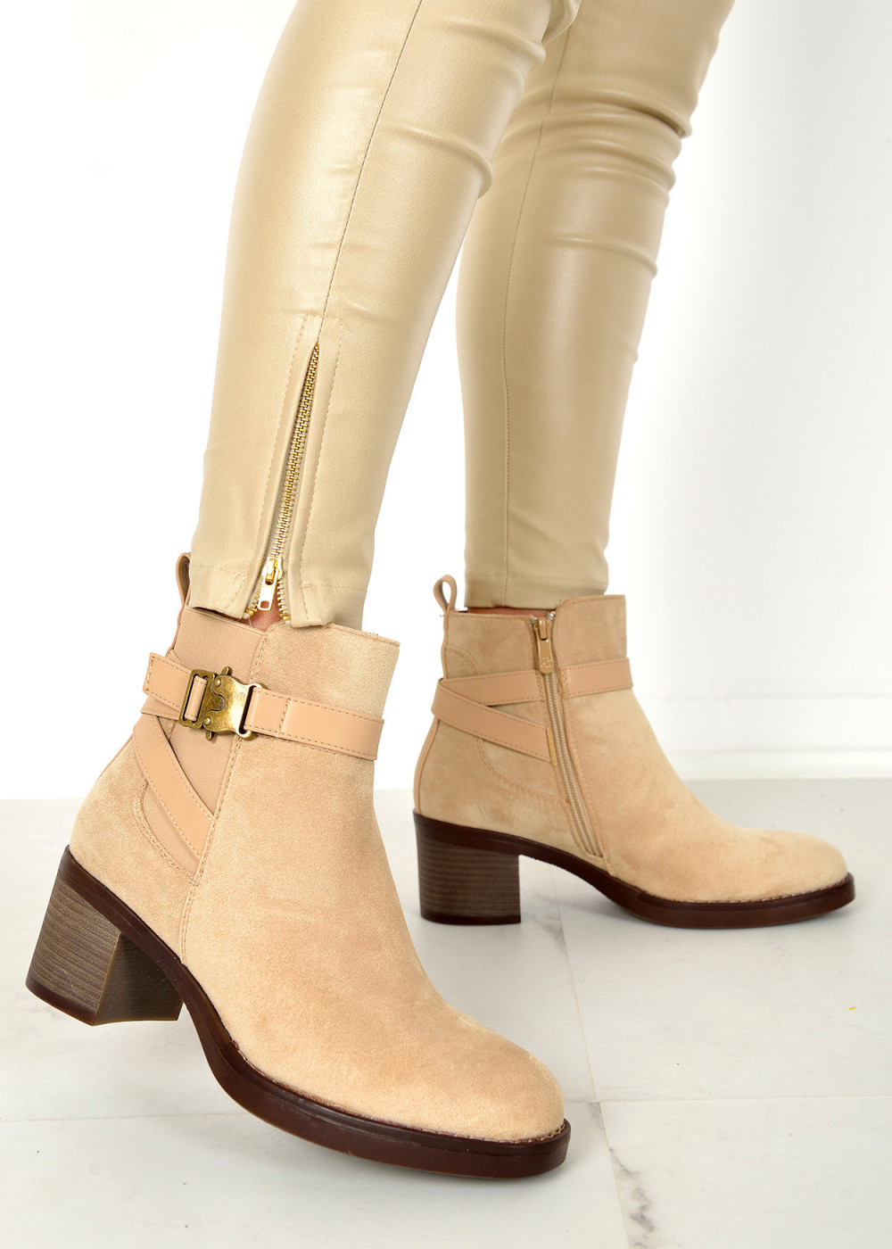 Beige clasp detail heeled ankle boots 3