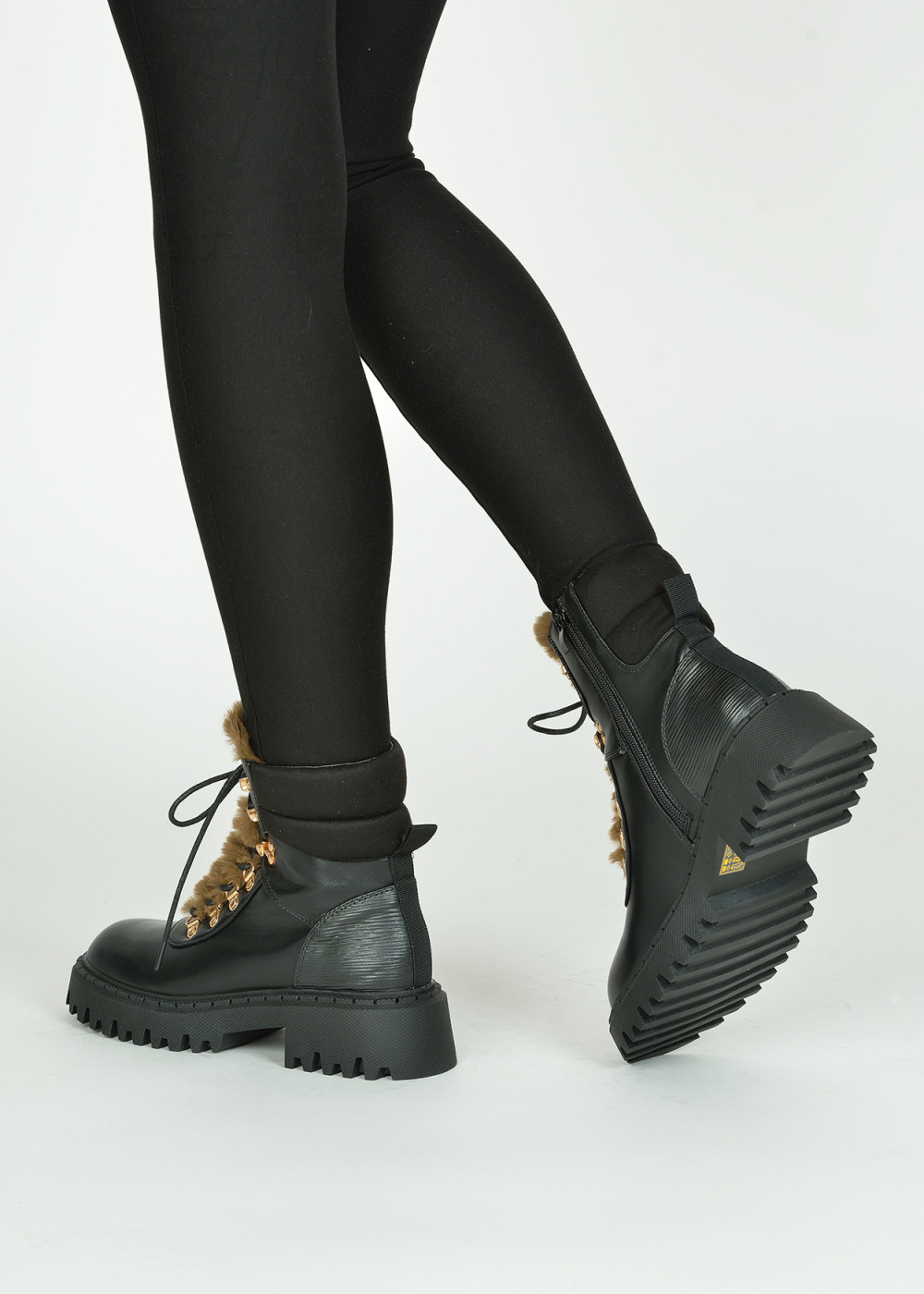 Black faux fur lace up ankle boots 2