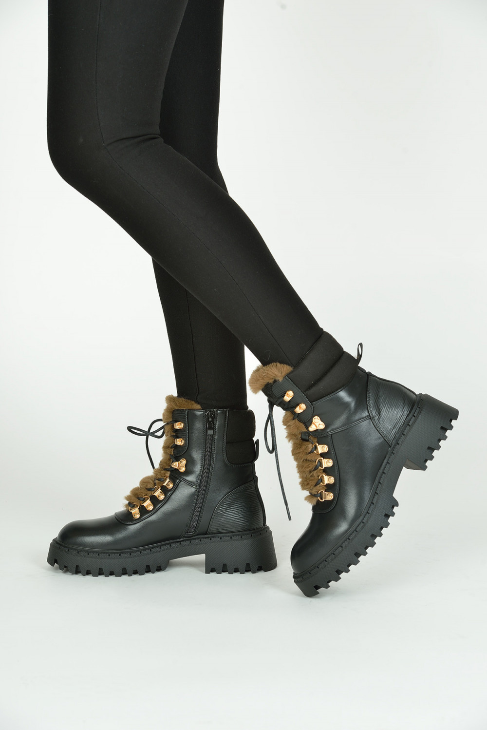 Black faux fur lace up ankle boots 3