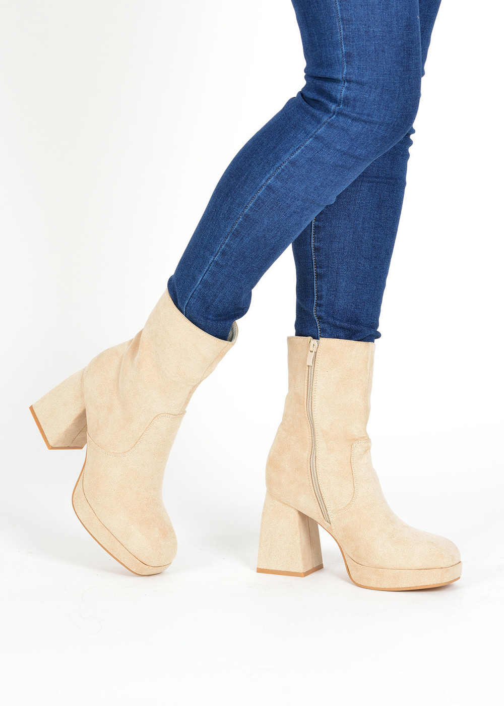 Beige block heeled ankle boots 1