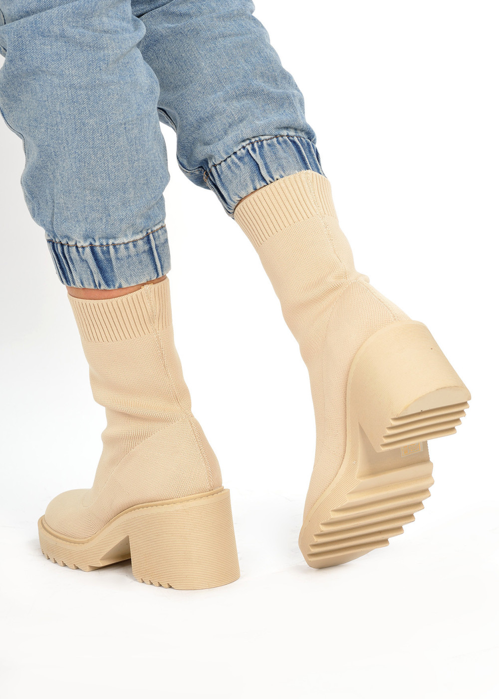 Beige chunky heel socks boots 2