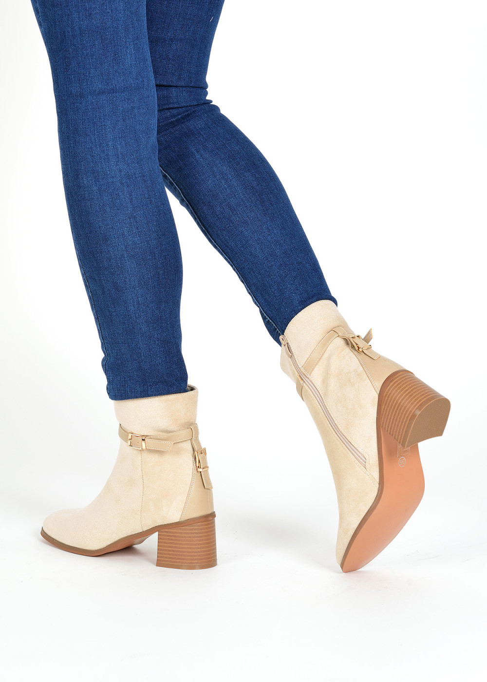 Beige buckle detail heeled ankle boots 2