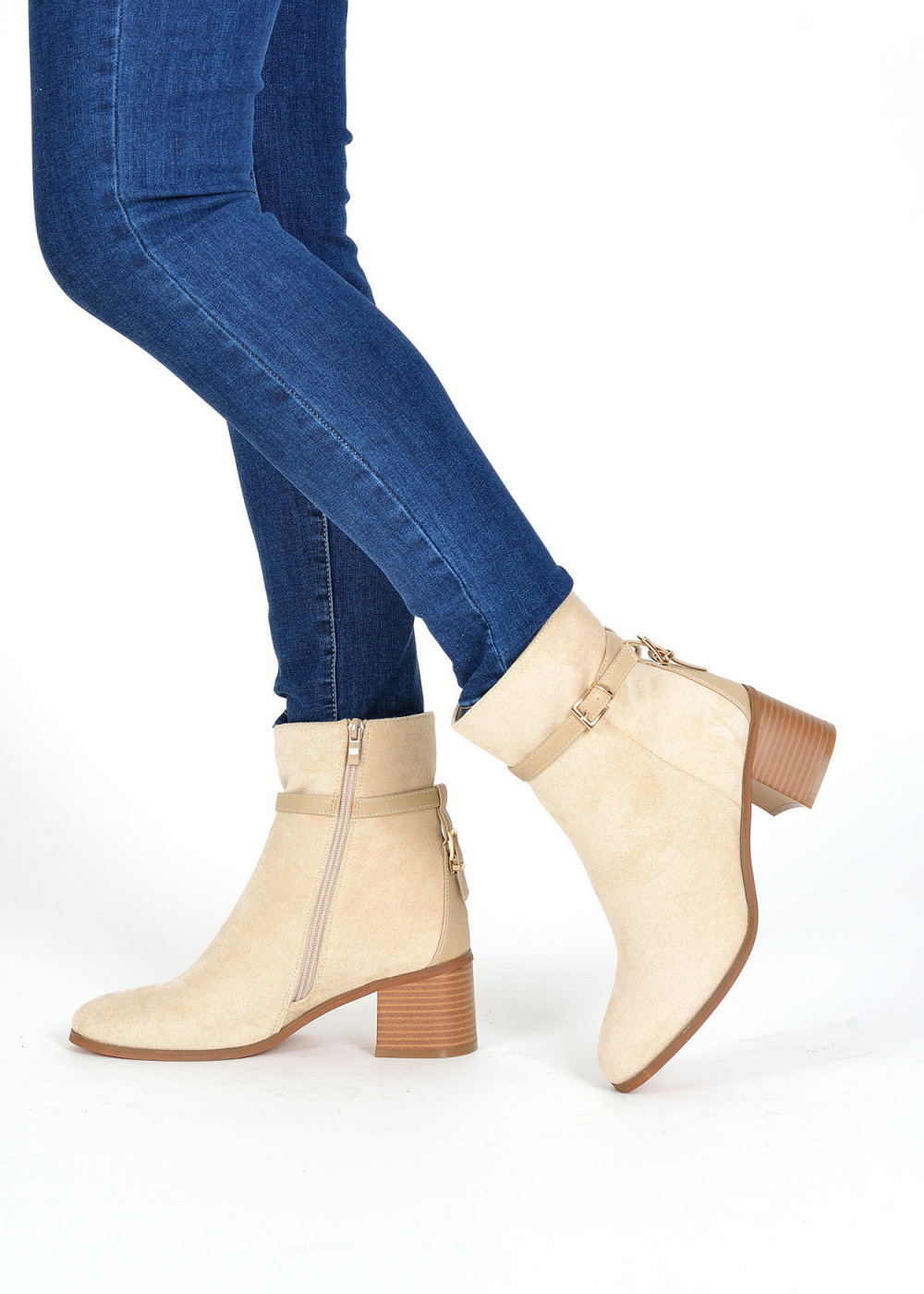 Beige buckle detail heeled ankle boots 3
