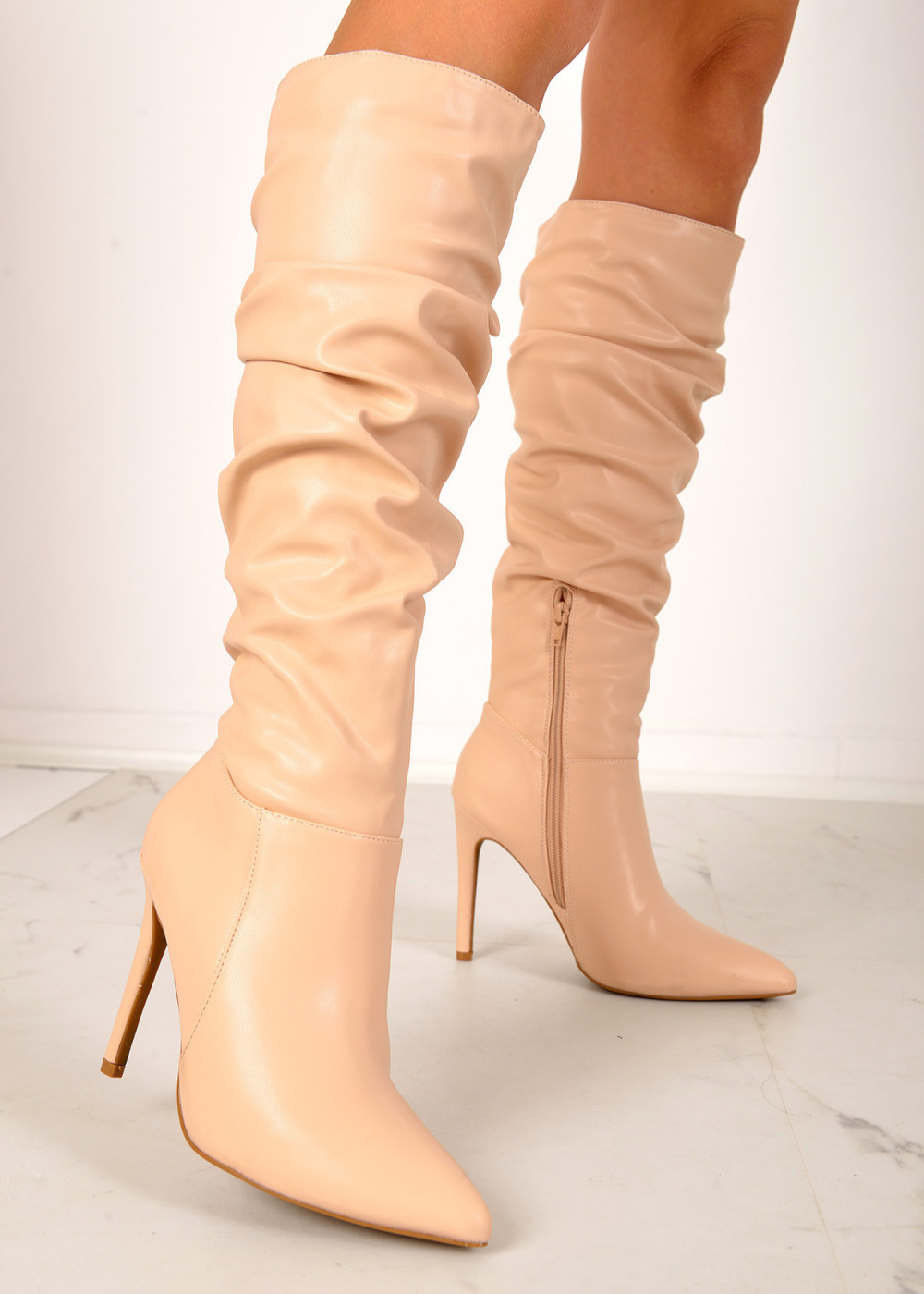 Beige slouched heeled knee high boots 3