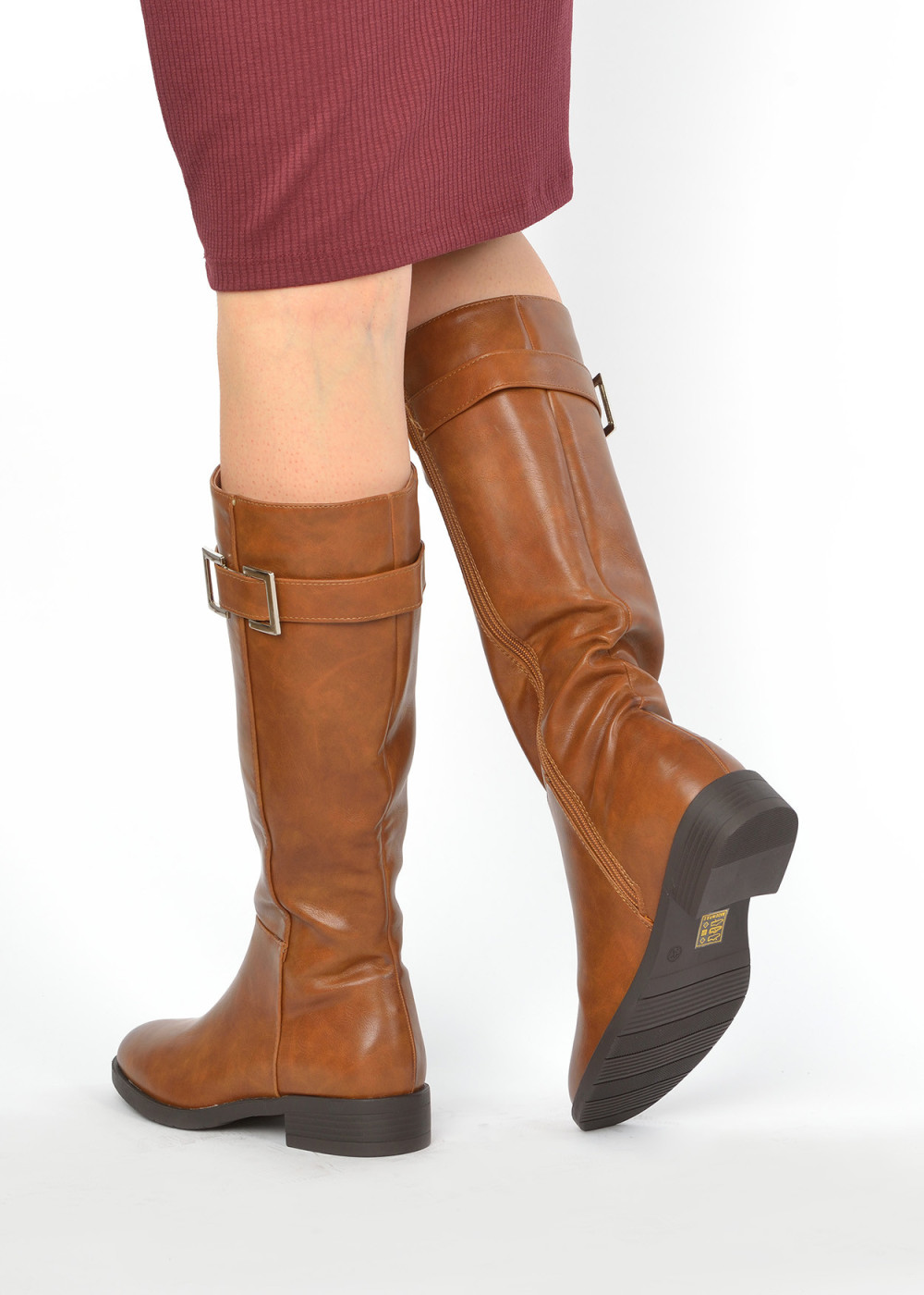 Brown tan buckle knee high boots 2