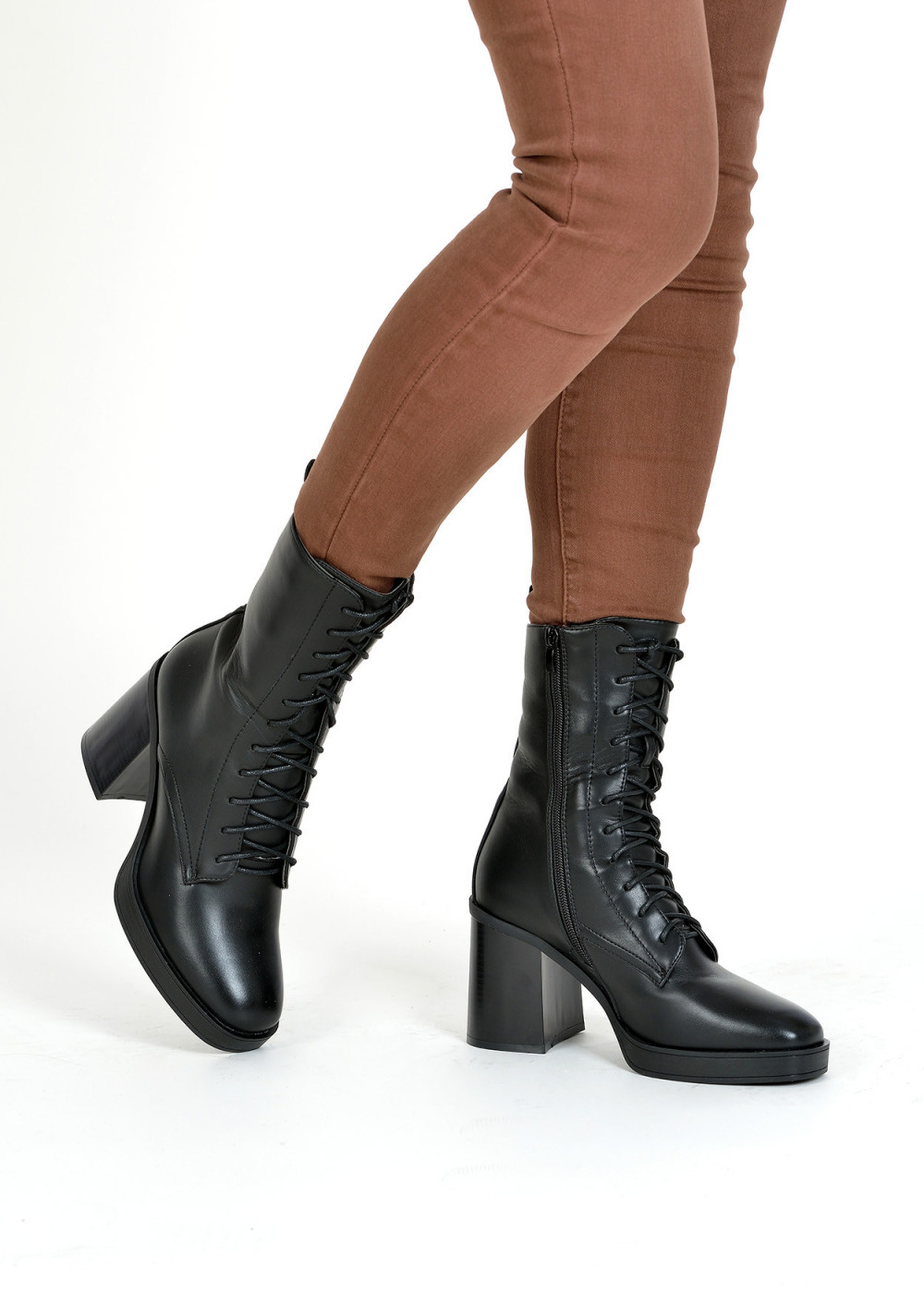 Black lace up midi heeled boots 1
