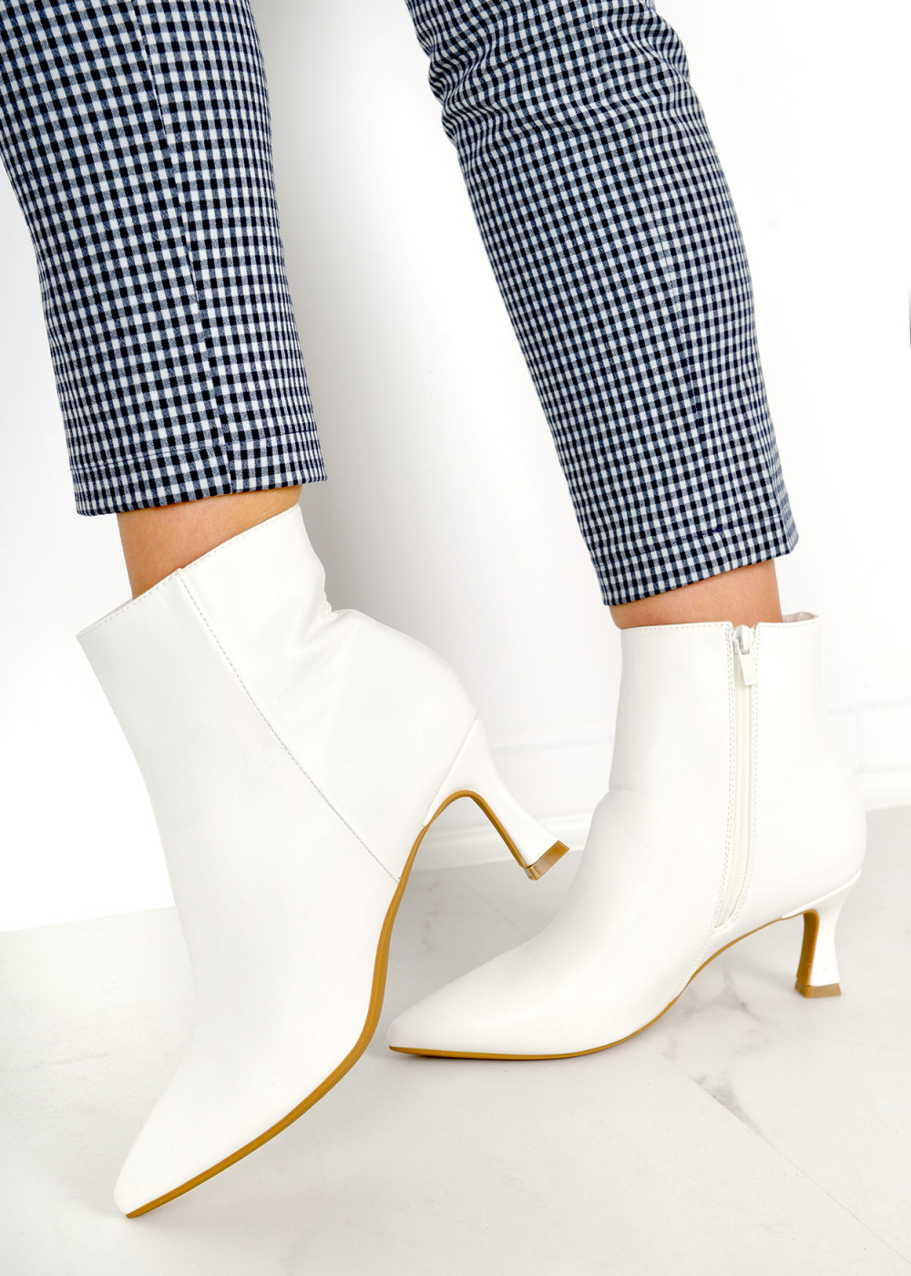 White pointed toe heeled ankle boots 2
