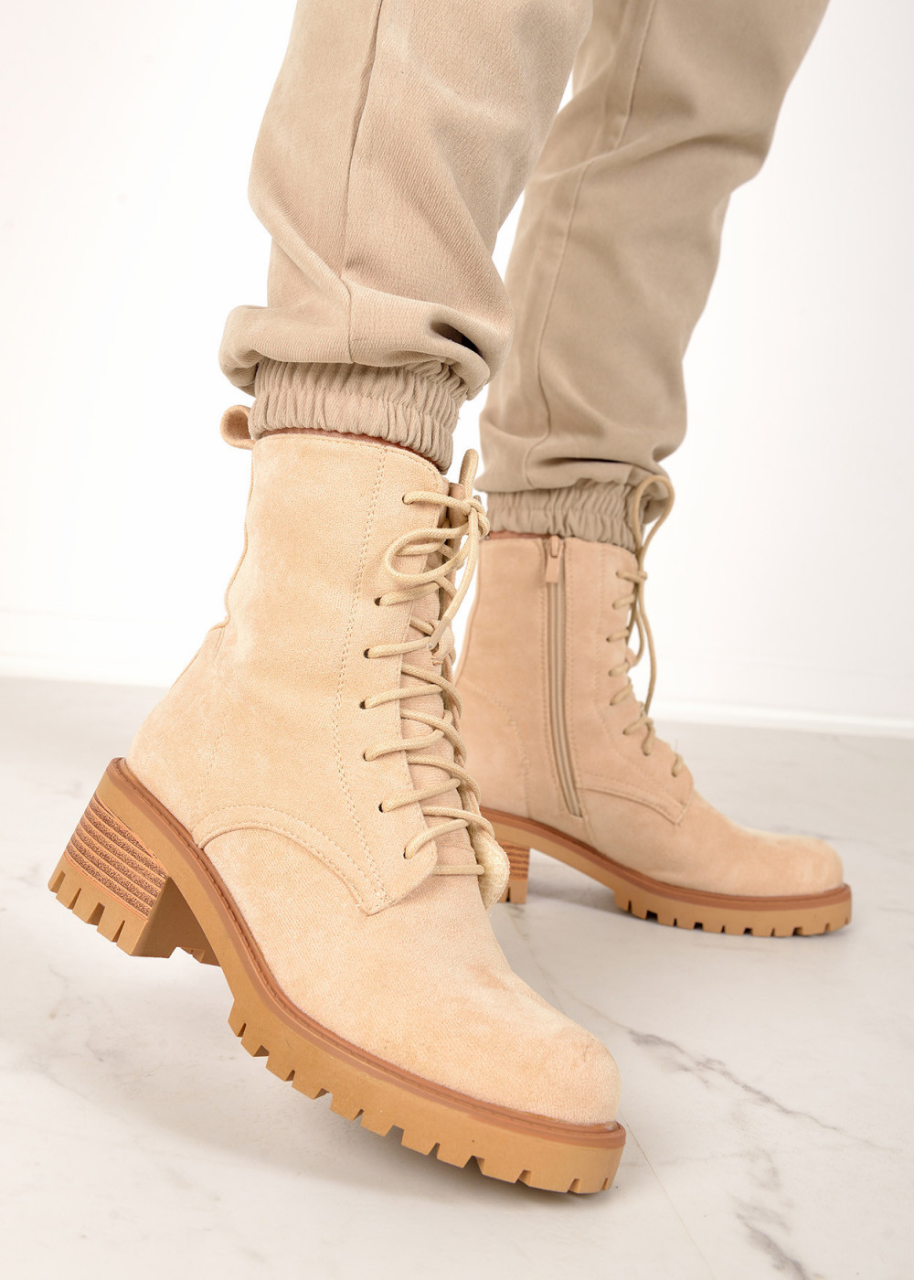 Beige lace up heeled ankle boots 2