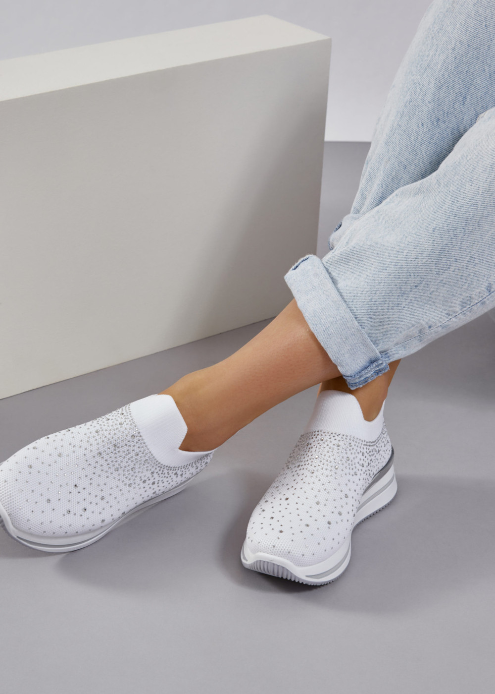 White rhinestone embellished sock sneakers 2