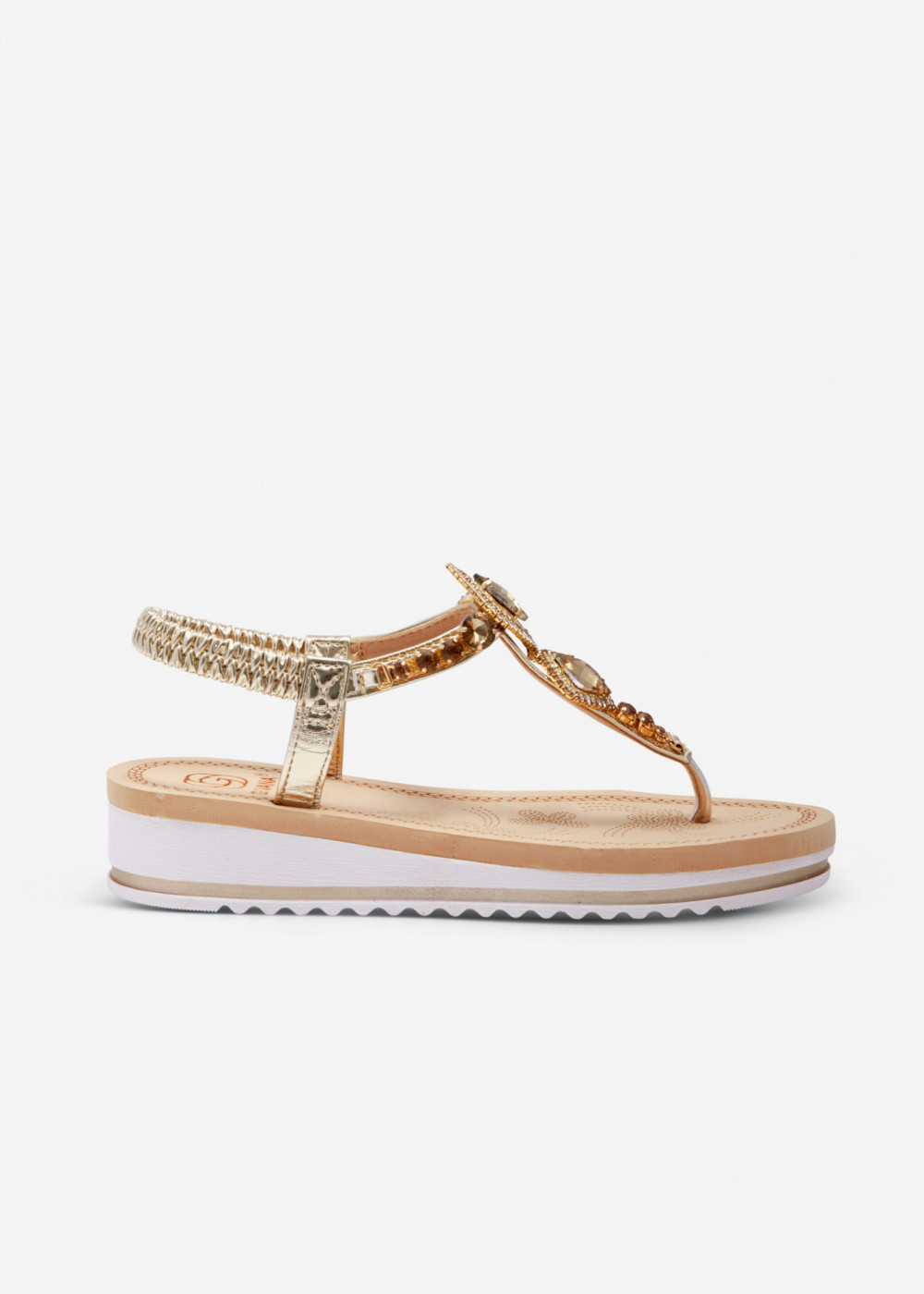 Gold diamante embellished low wedge toe-post sandals 3
