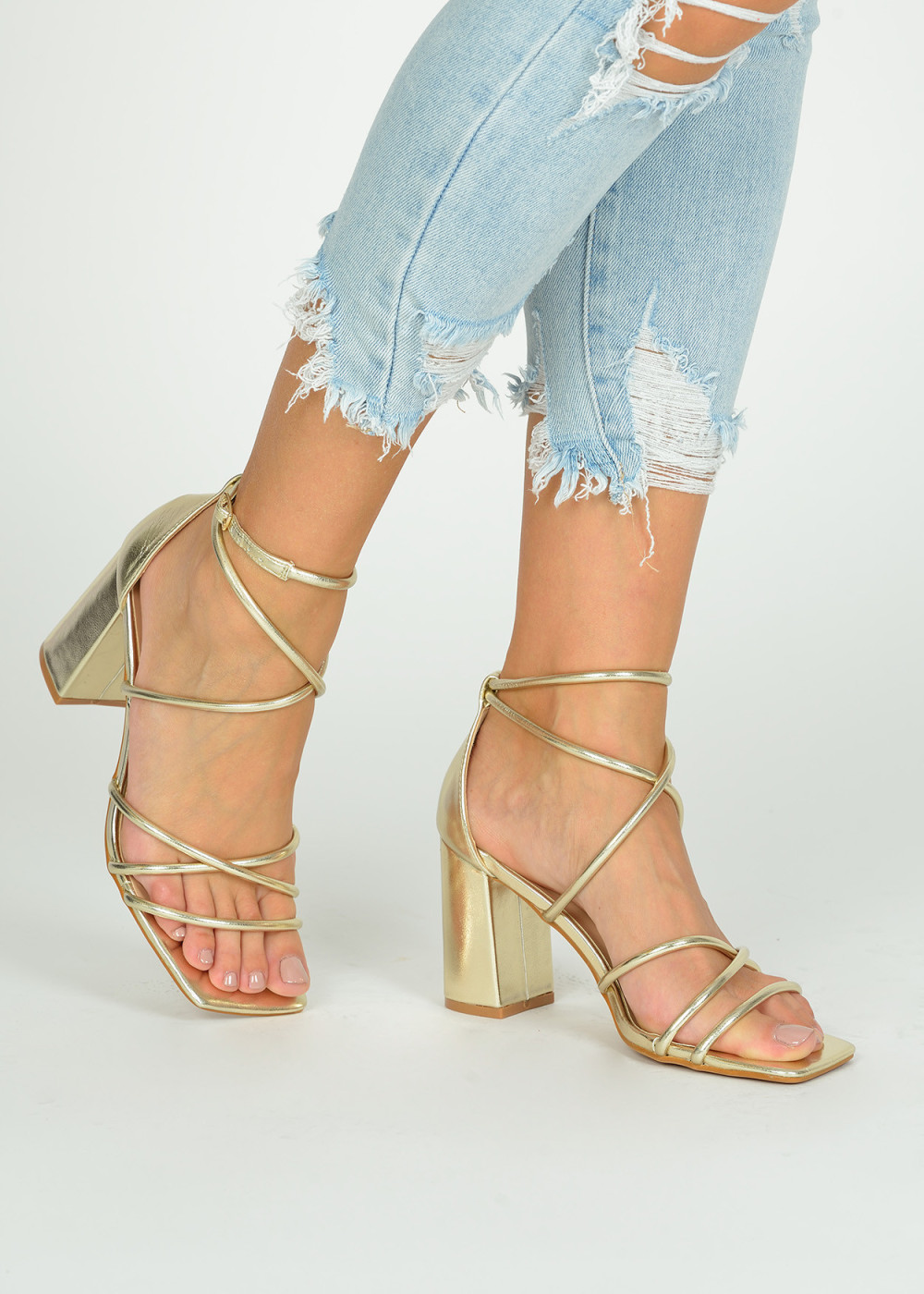 Gold strappy block heeled sandals 1