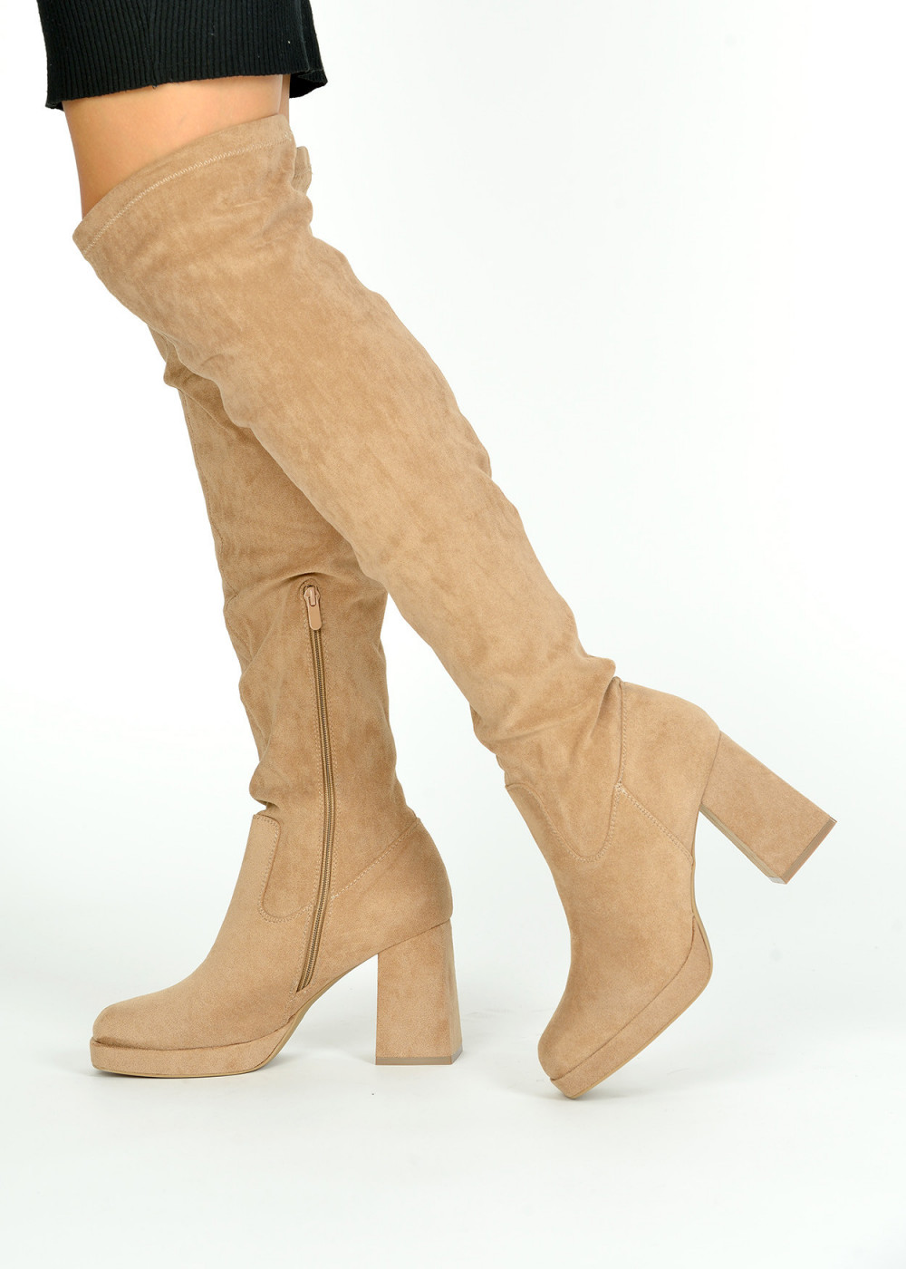 Khaki square toe heeled over the knee boots 3