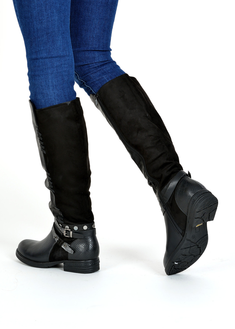 Black rustic strap detailed knee high boots 2