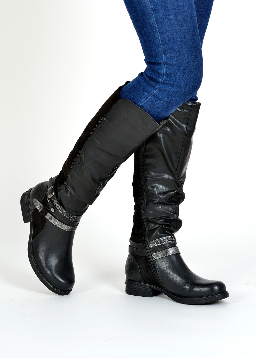 Black rustic strap detailed knee high boots 1