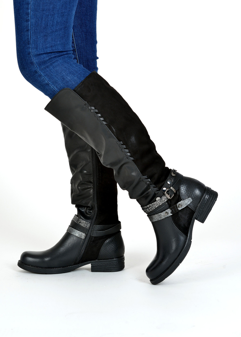 Black rustic strap detailed knee high boots 3