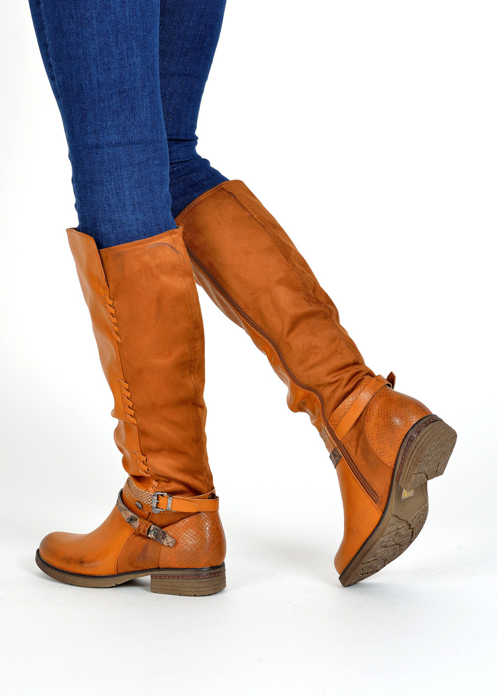 Tan rustic strap detailed knee high boots 2