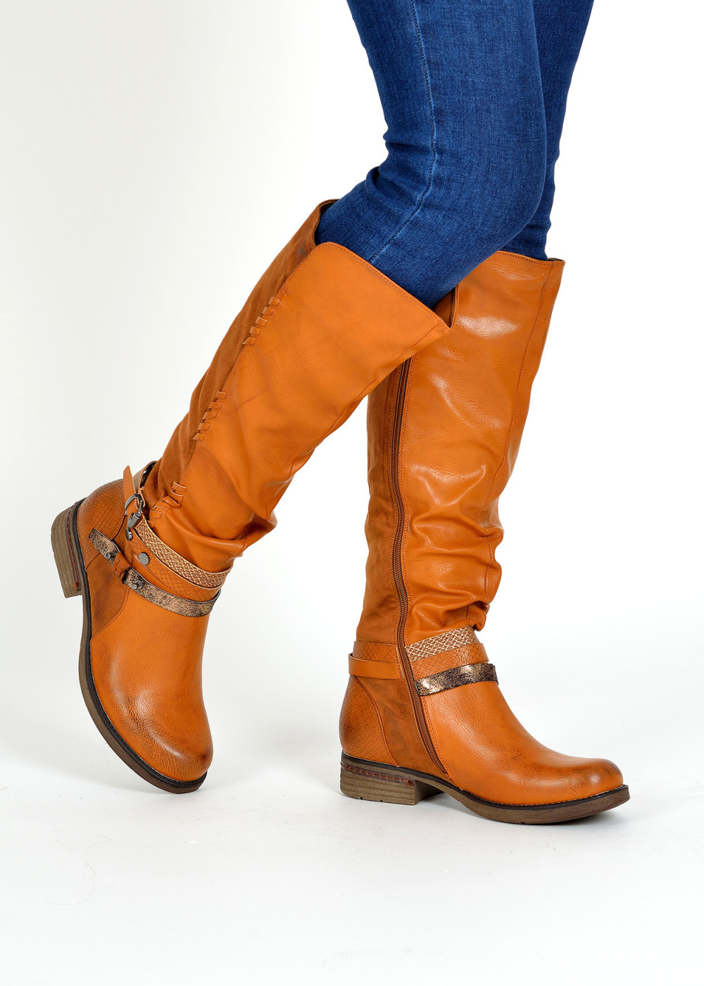 Tan rustic strap detailed knee high boots 1