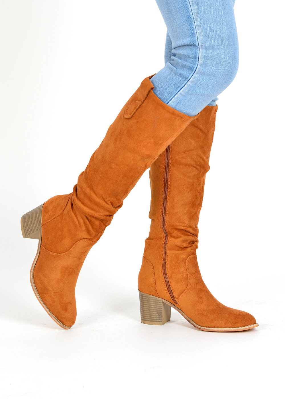 Tan pointed toe heeled knee high boots 1