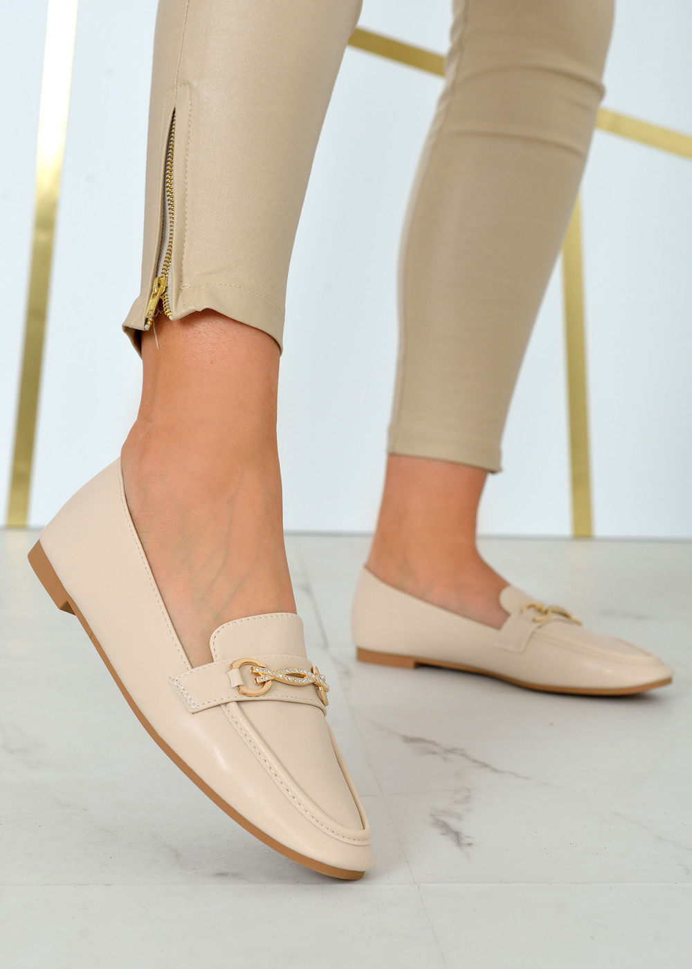 Beige diamante chain detailed loafers 3