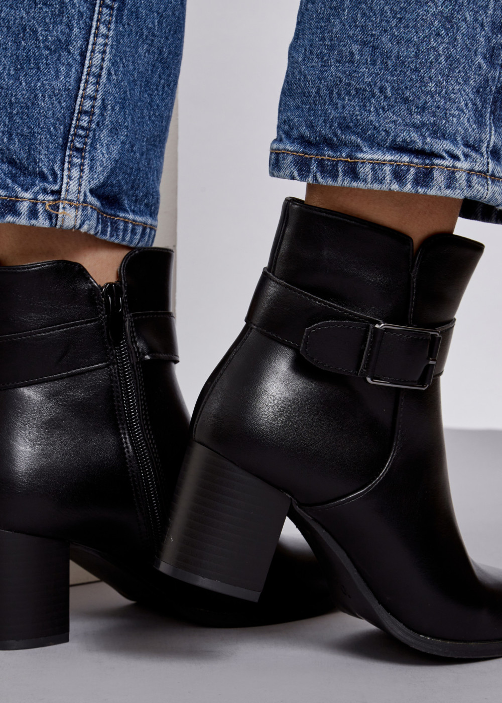 Black buckle detail heeled ankle boots 1