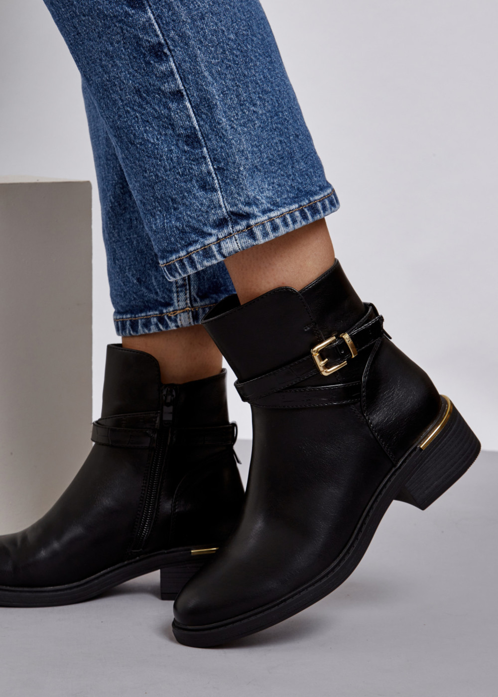 Black cross strap buckle detail ankle boots 4