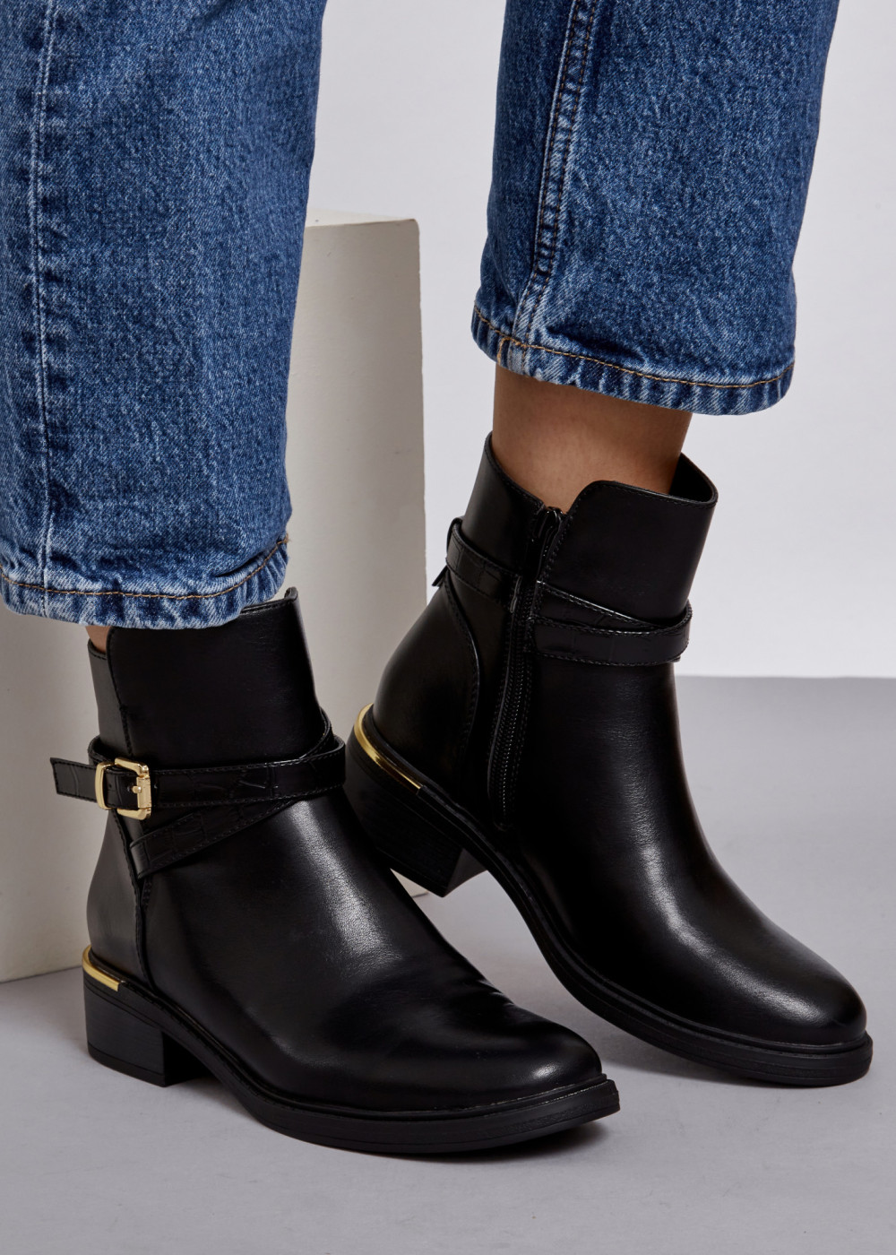 Black cross strap buckle detail ankle boots 2