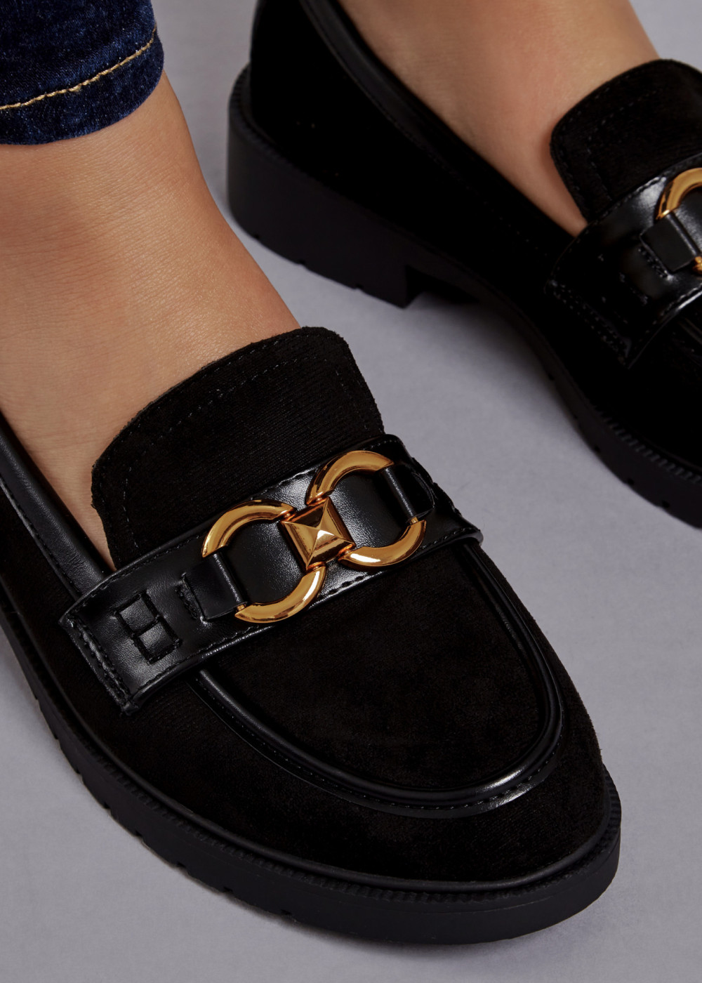 Black gold chain detailed loafers 1