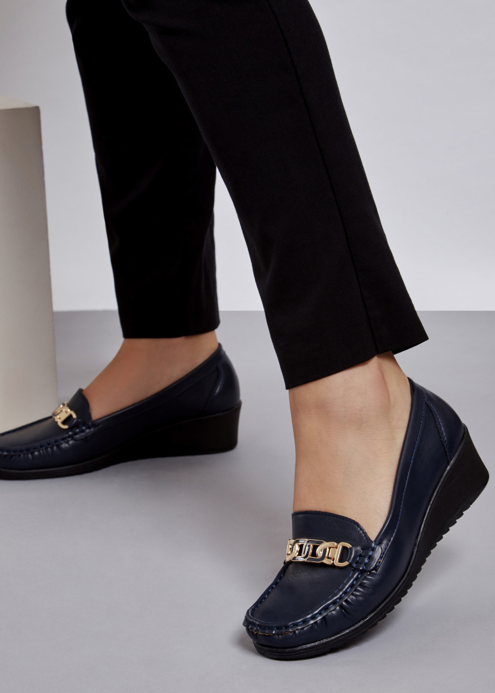 Navy gold chain wedged loafers 1