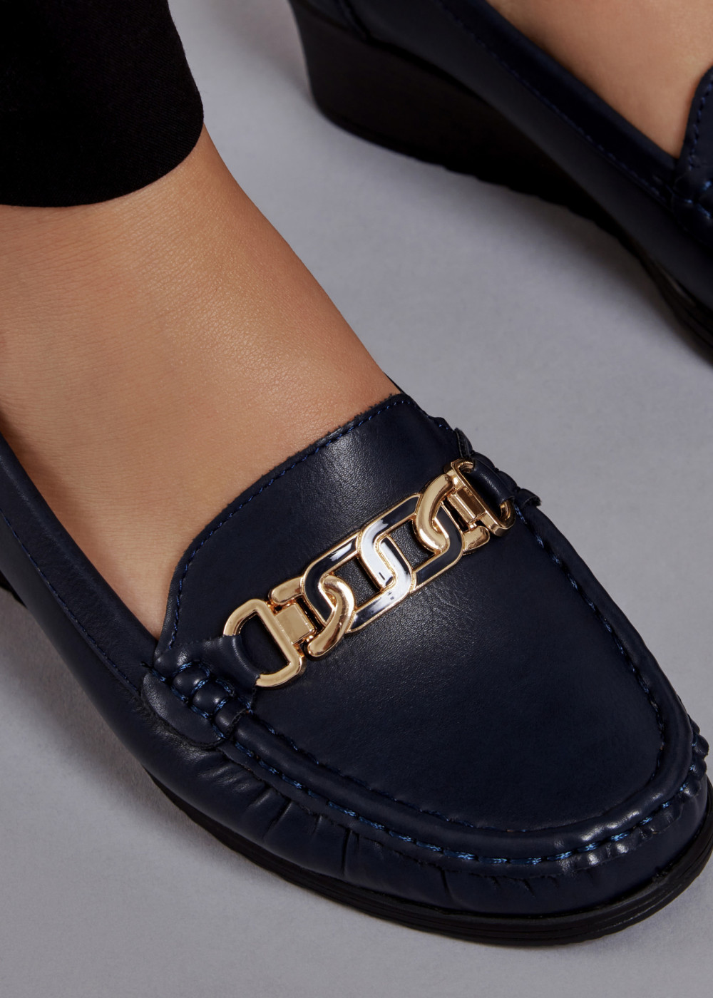 Navy gold chain wedged loafers 2