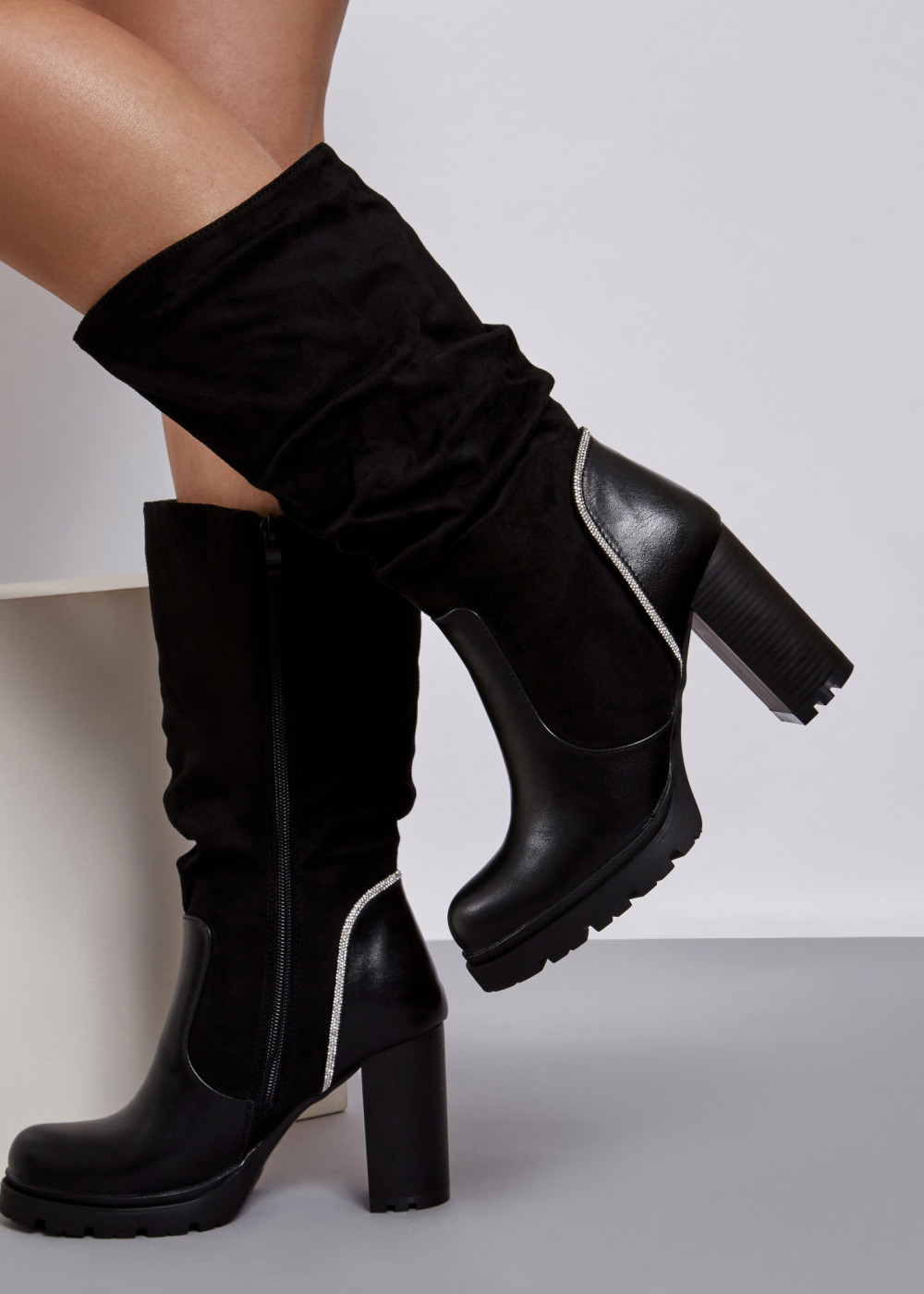 Black slouched diamante detail heeled boots 4