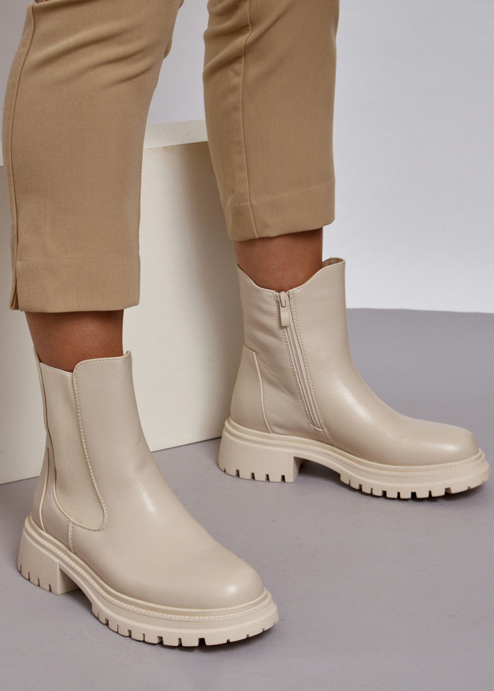 Beige chunky chelsea ankle boots 1