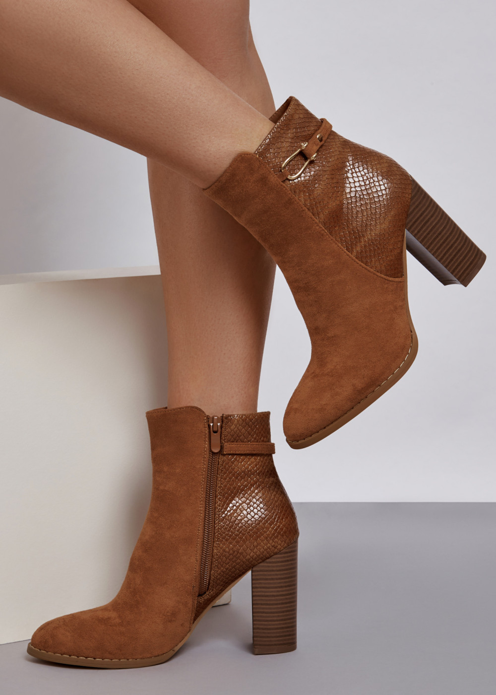 Brown tan two toned snake print heeled ankle boots 2