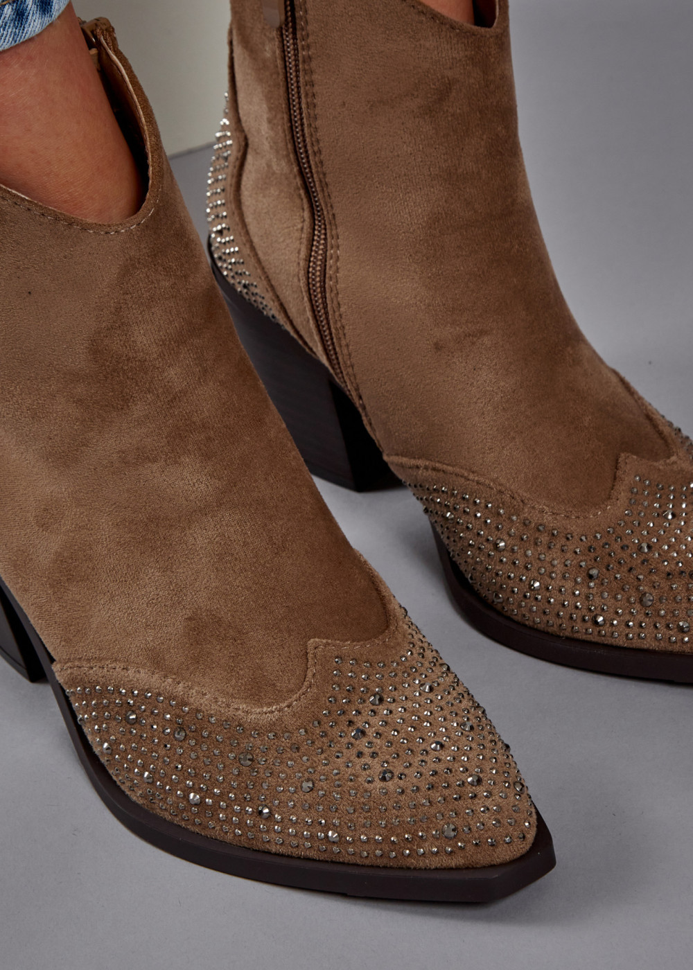 Khaki diamante embellished heeled cowboy boots 2