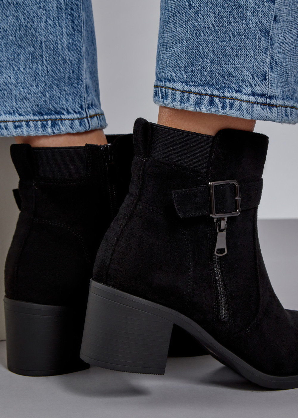 Black buckle zip detail heeled ankle boots 2