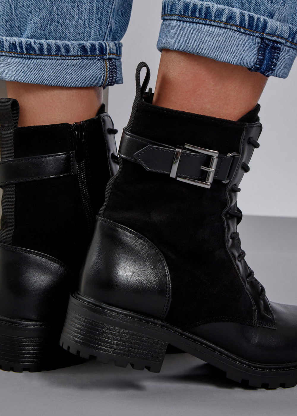 Black two toned buckle detailed ankle boots 2
