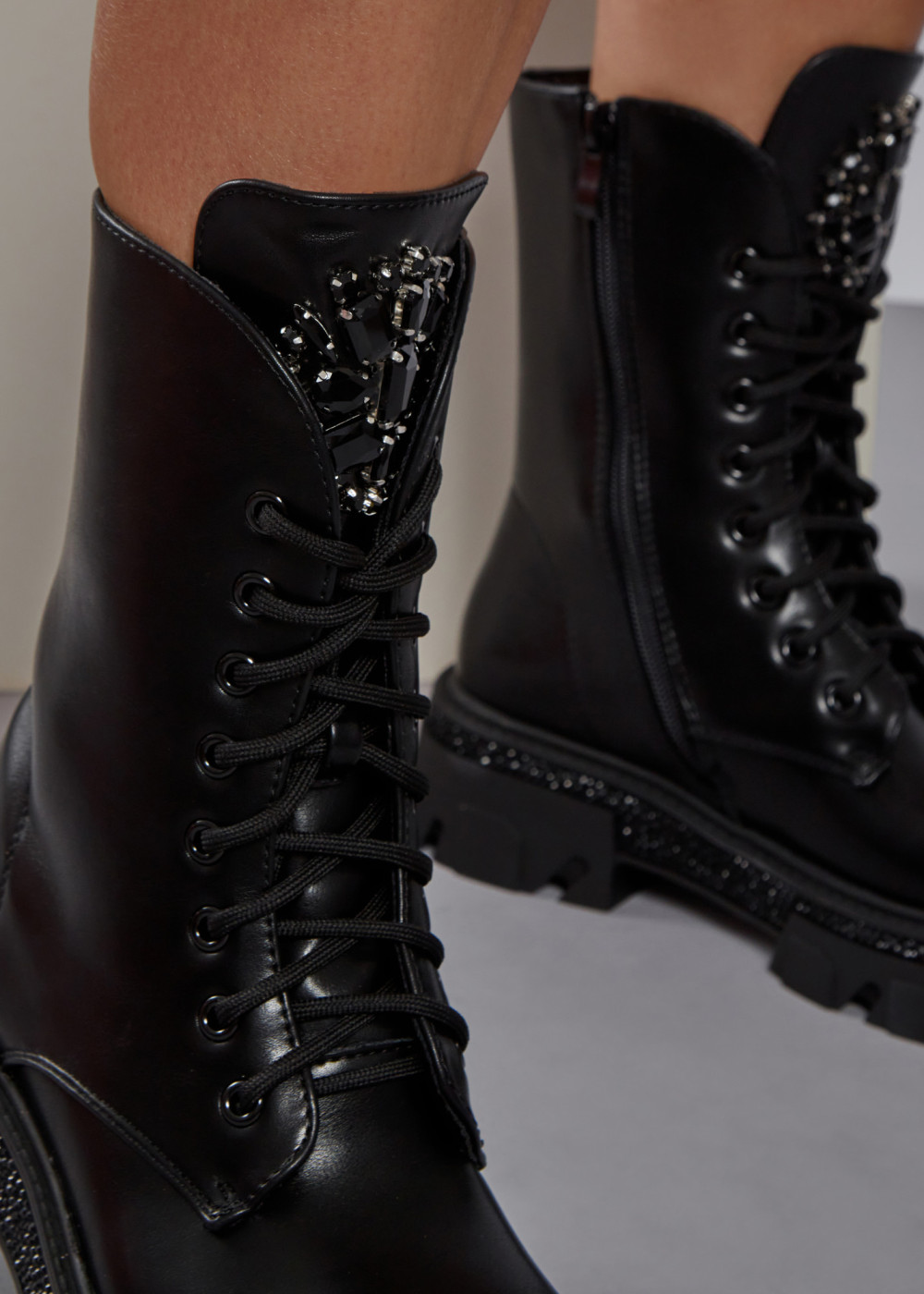 Black rhinestone embellished chunky biker boots 1