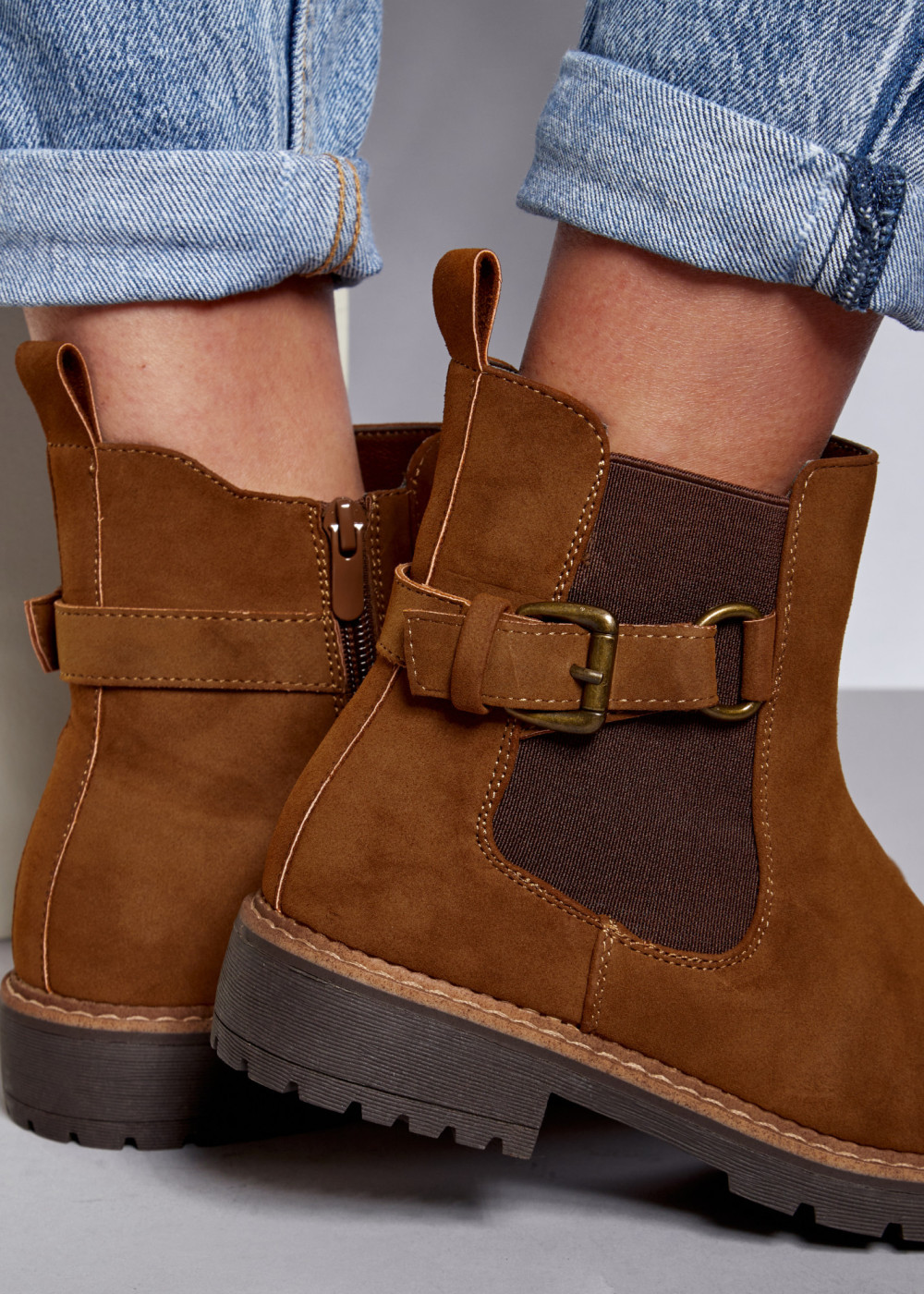 Tan two toned buckle detail ankle boots 2
