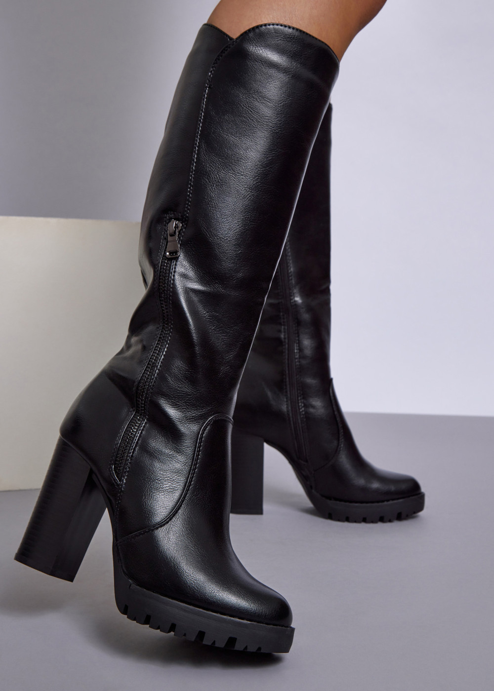 Black zip detail heeled knee high boots 1