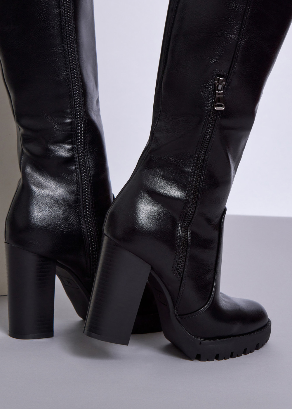 Black zip detail heeled knee high boots 2