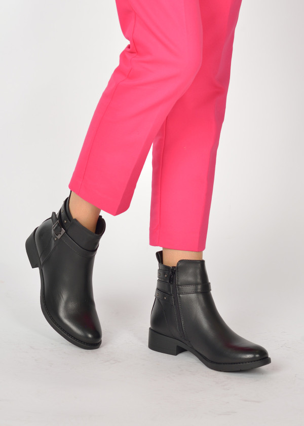 Black buckle flat ankle boots 1