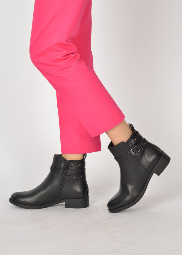 Black buckle flat ankle boots