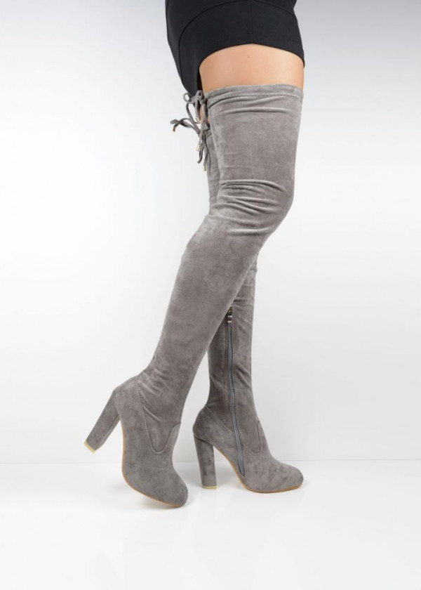 Grey suede block heel over the knee boots
