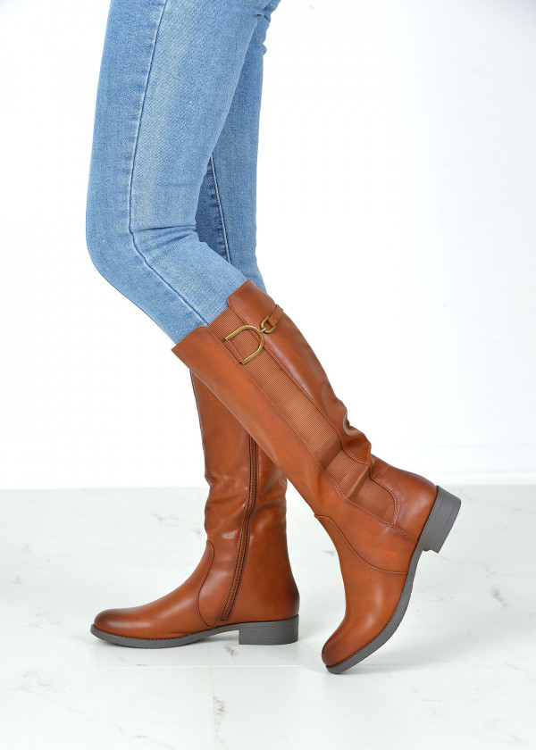 Brown tan clasp detail knee high boots