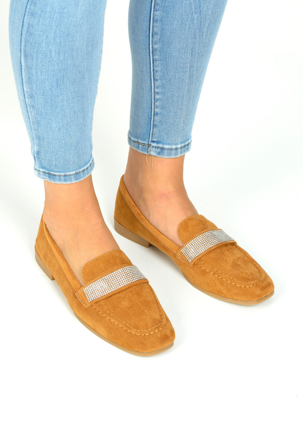 Tan diamante embellished loafers 1