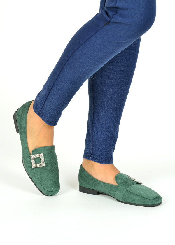 Green diamante buckle detail loafers 1