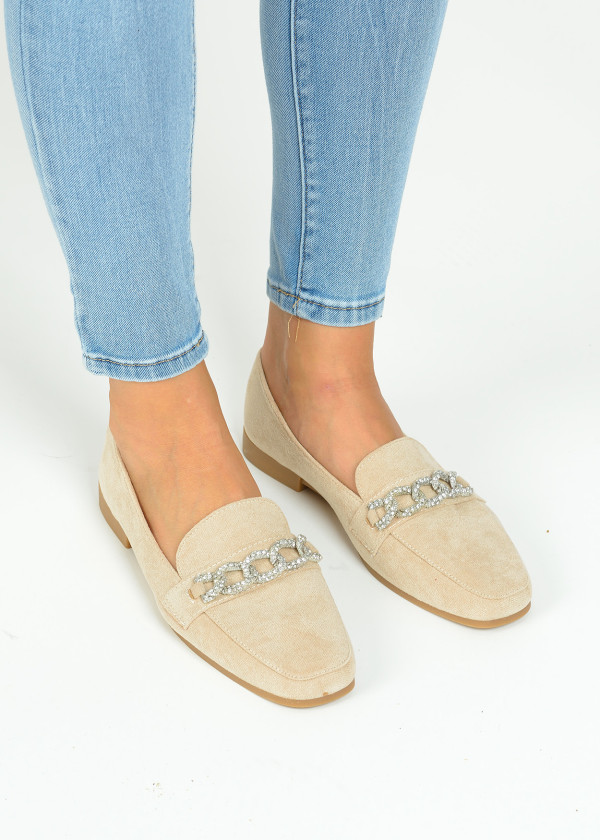 Beige diamante chain detail loafers 2