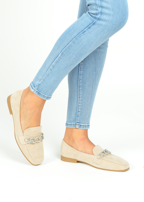 Beige diamante chain detail loafers 1