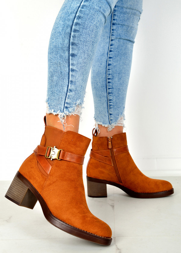 Tan clasp detail heeled ankle boots