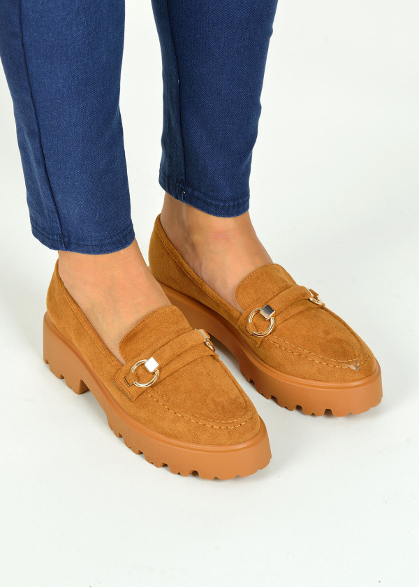 Tan chunky gold detail loafers 2